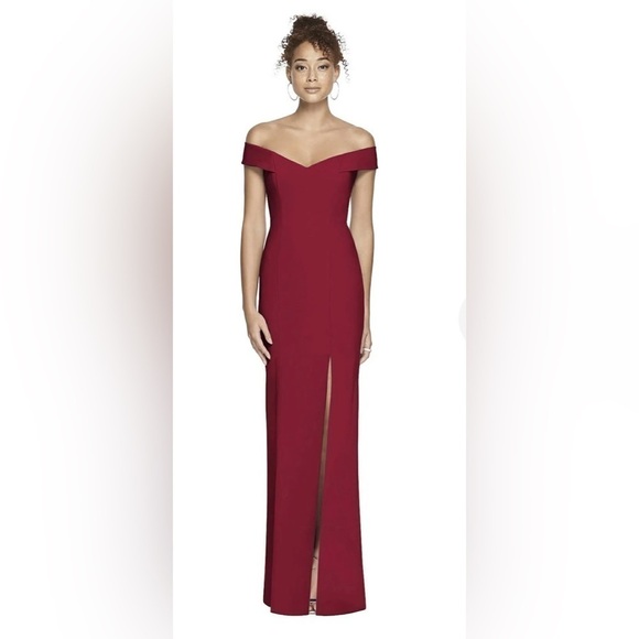 DESSY COLLECTION OFF THE SHOULDER CRISS CROSS BACK TRUMPET GOWN 3012 BURGUNDY - Picture 2 of 5